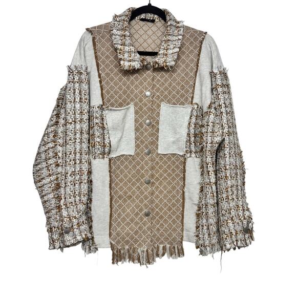 Miss Me Women’s Patchwork Tweed Jacket Shacket Fringe Detail Size Large - Picture 1 of 5